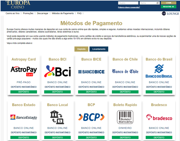 Depósitos e retiradas no Europa Casino